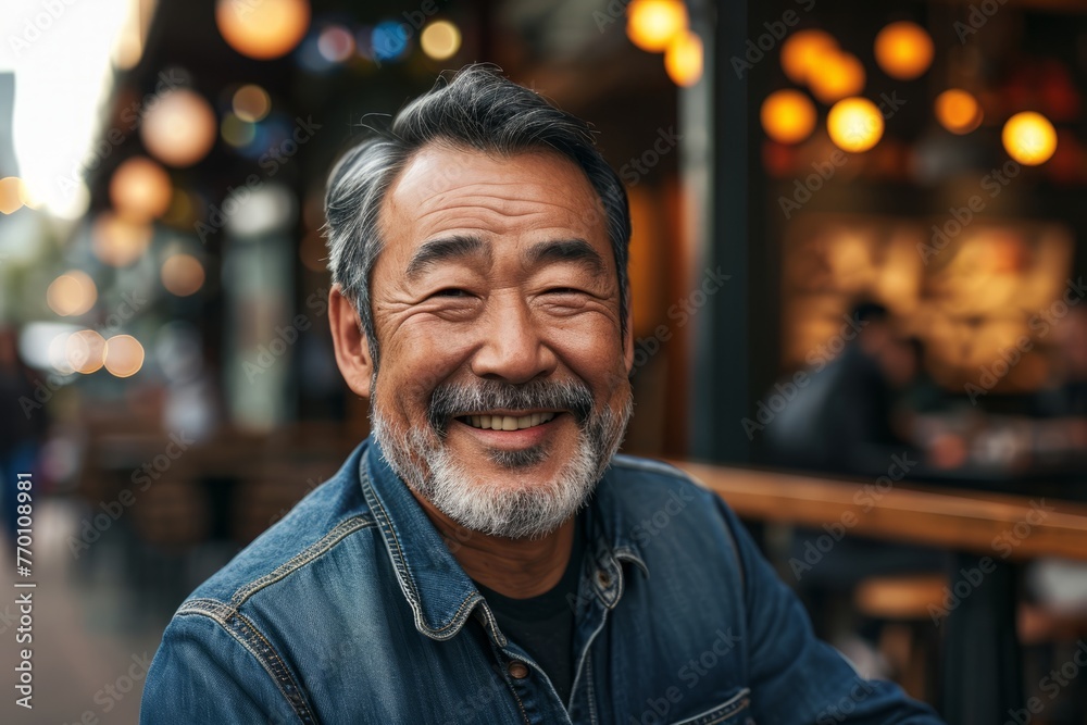Portrait of a senior Asian man smiling in a cafe outdoors. Portrait of a senior Asian man smiling in a cafe outdoors.