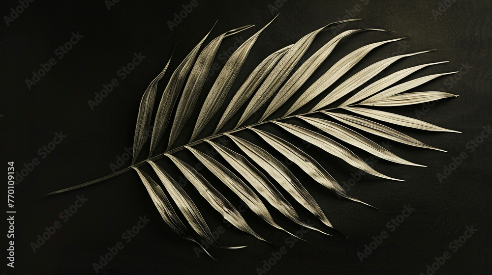 An isolated palm frond silhouette, its intricate pattern of leaves creating a lace-like effect against a pure black background. - obrazy, fototapety, plakaty 