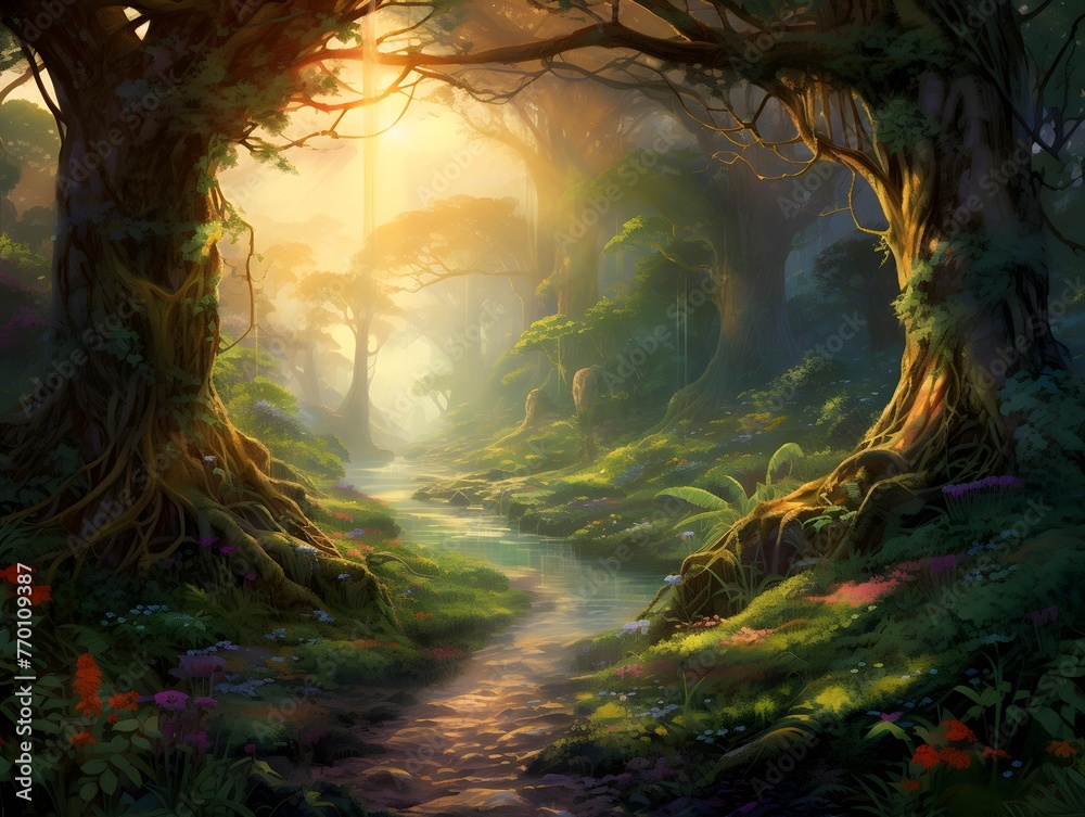 Beautiful fantasy landscape with a path in the forest,3d render