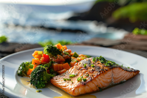 Grilled Salmon and Broccoli on White Plate