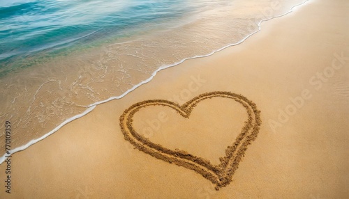 Heart drawn on sand and sea  view from above 