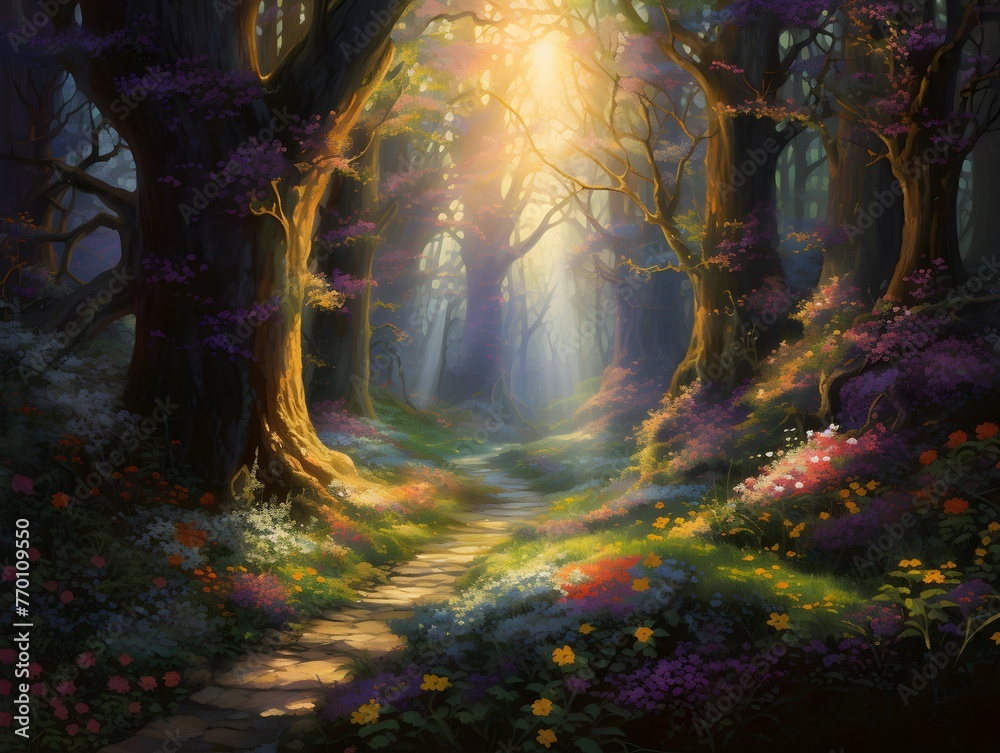 Fantasy forest with fog and sun rays. 3D illustration.