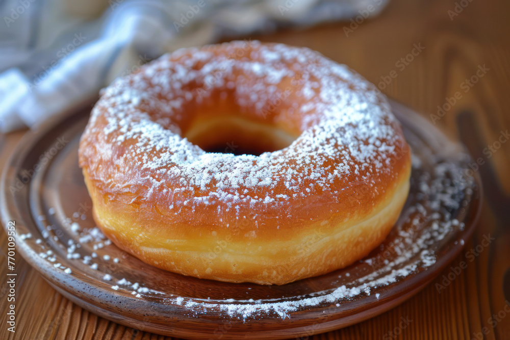 Donut Covered in Powdered Sugar on Plate Donut Covered in Powdered Sugar on Plate