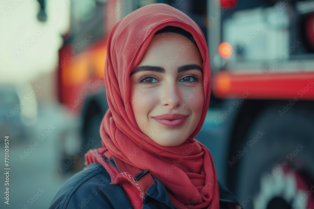 Arab woman wearing firefighter uniform, fire engine background Arab woman wearing firefighter uniform, fire engine background