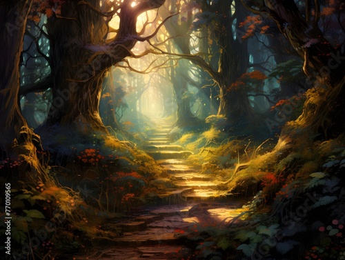 Digital painting of a path in the forest with trees and fog, 3d illustration