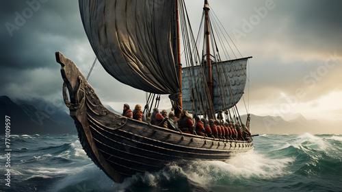 ultra-realistic photograph of viking longship crossing rough seas photo