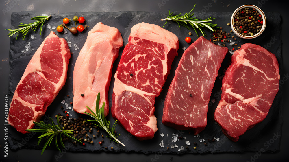 Variety of Raw Black Angus Prime meat steaks T-bone