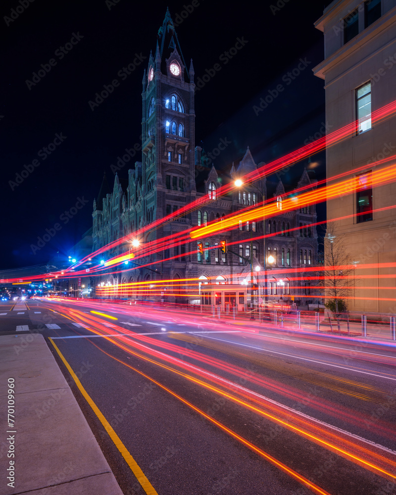 Downtown Richmond traffic at night with long exposure