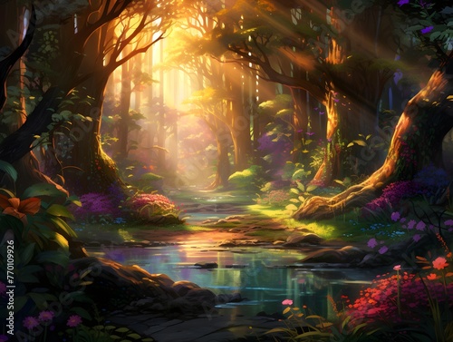 Beautiful fantasy forest with a pond in the sunlight. 3d rendering