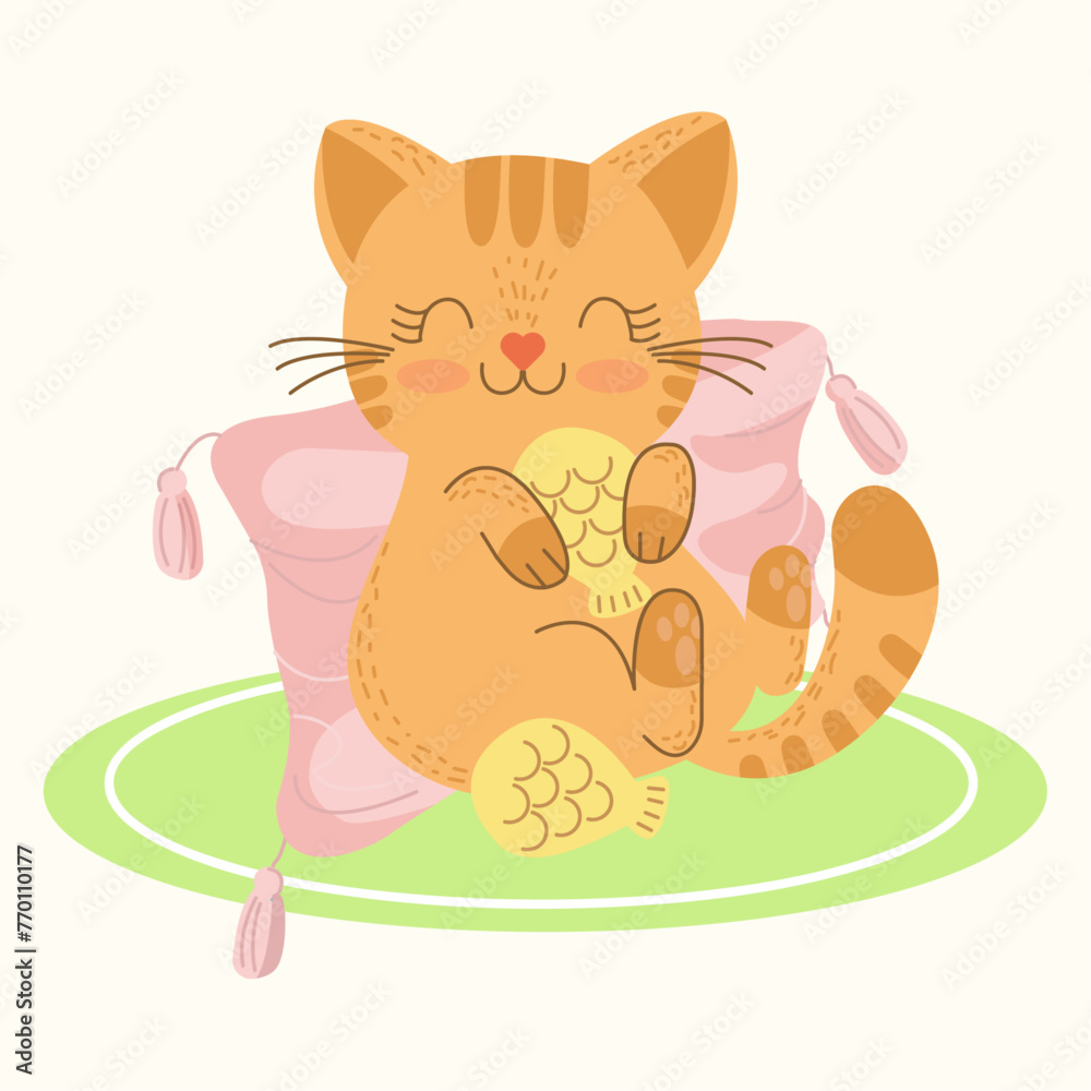 Fototapeta premium Cute red kitten on a pillow with cat food