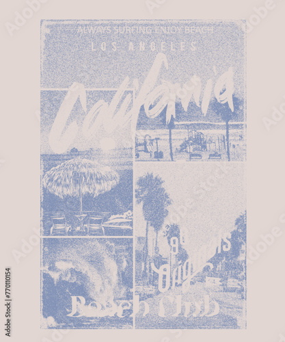 Vintage Summer beach print for grunge effects for Los angels California, beach slogan text print , sunset, palm tree, sea waves, relax chare and lettering mixed together beach vibes, t-shirt print 