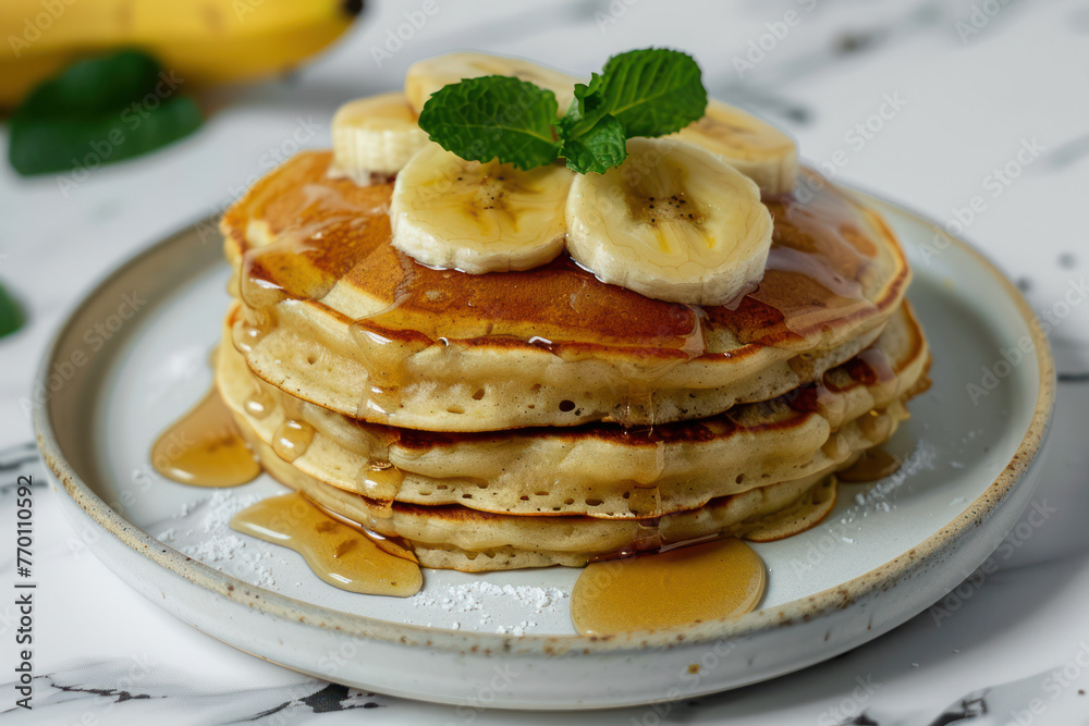 Stack of Pancakes With Bananas and Syrup Stack of Pancakes With Bananas and Syrup
