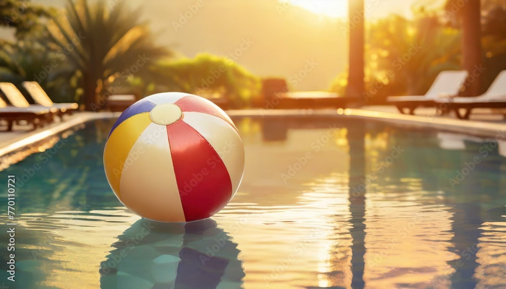 Summer holidays background with colorful beach ball floating on luxury swimming pool and copy space 
