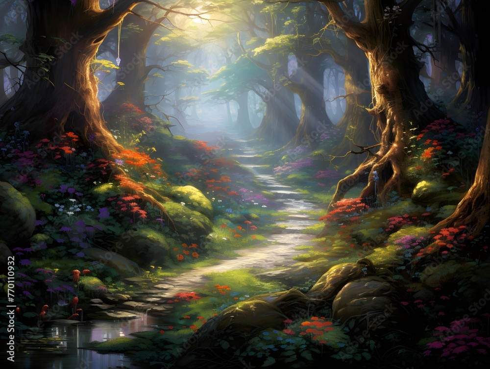 Magic forest with a path in the middle. Panoramic image.