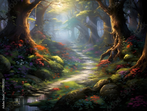 Magic forest with a path in the middle. Panoramic image.