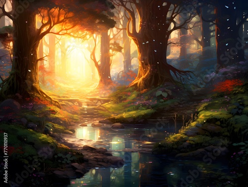 Fantasy landscape with river and trees in the forest. Digital painting.