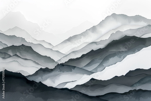 Cascade of mountain silhouettes, layers fading into the distance, serene, white background.