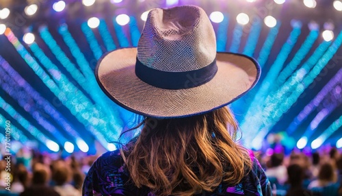 Back view of a young american woman fan of country music attending a country music concert wearing a cowboy hat and copy space 