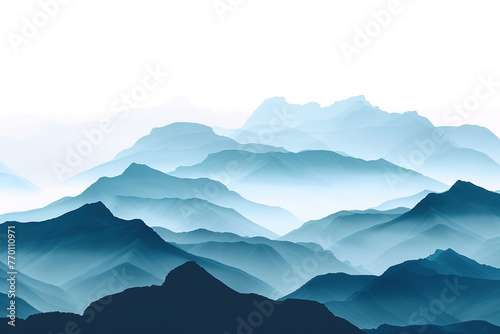 Cascade of mountain silhouettes, layers fading into the distance, serene, white background.