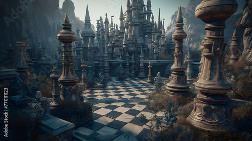 a chess game is in battle with castles and knights