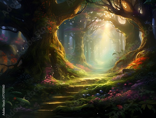 Fantasy landscape with magic forest and lights. 3d illustration.