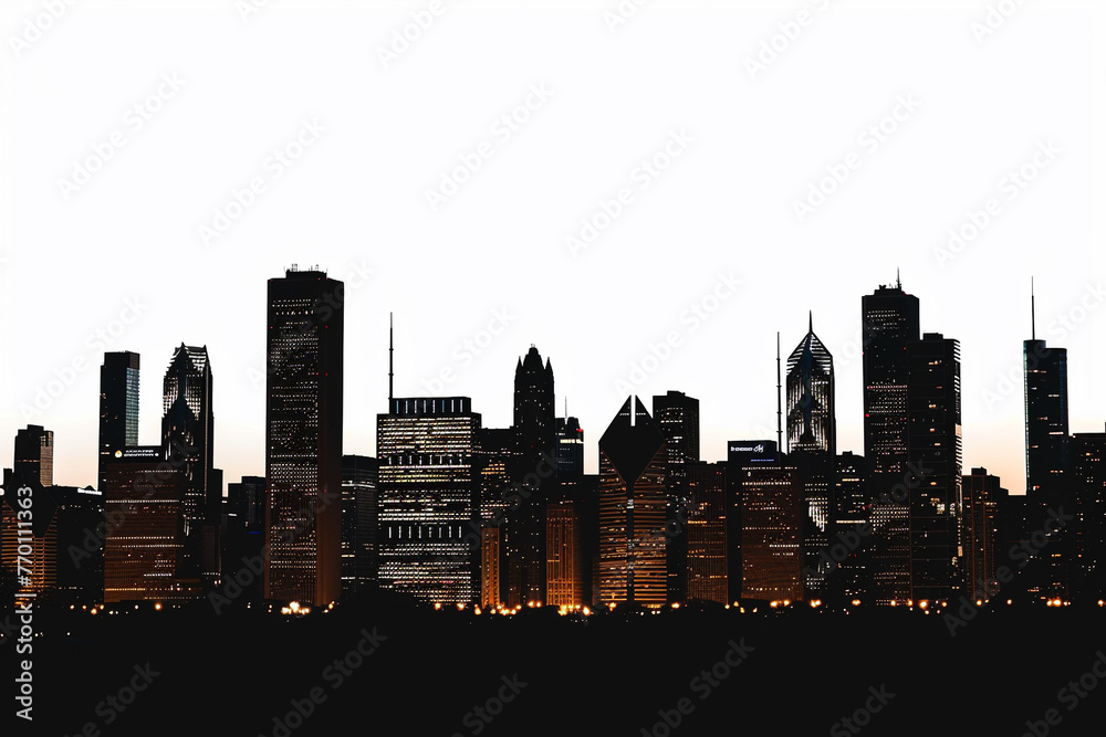 City skyline silhouette at dusk, buildings outlined, urban tapestry, against white.