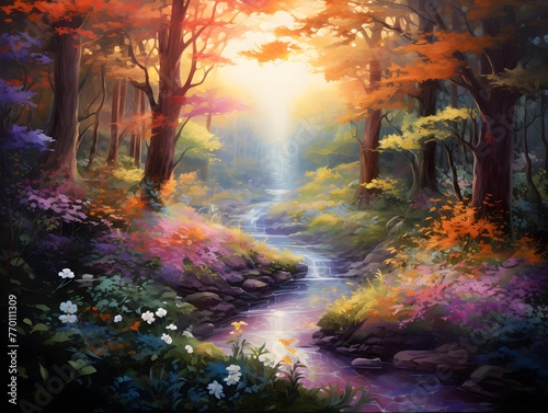 Digital painting of autumn forest with a river flowing through the woods at sunset