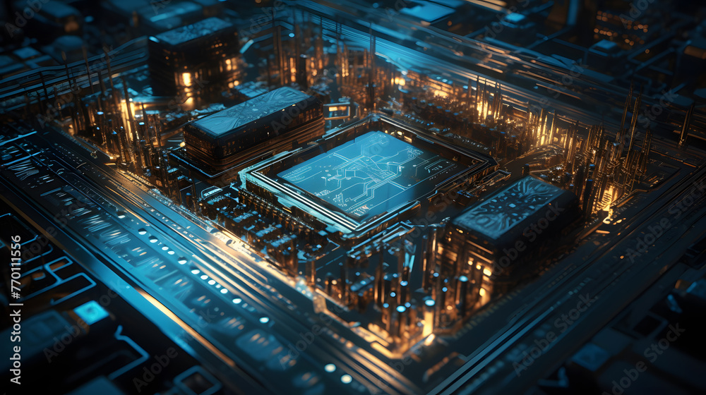 a futuristic circuit board with the blue light on it a futuristic circuit board with the blue light on it