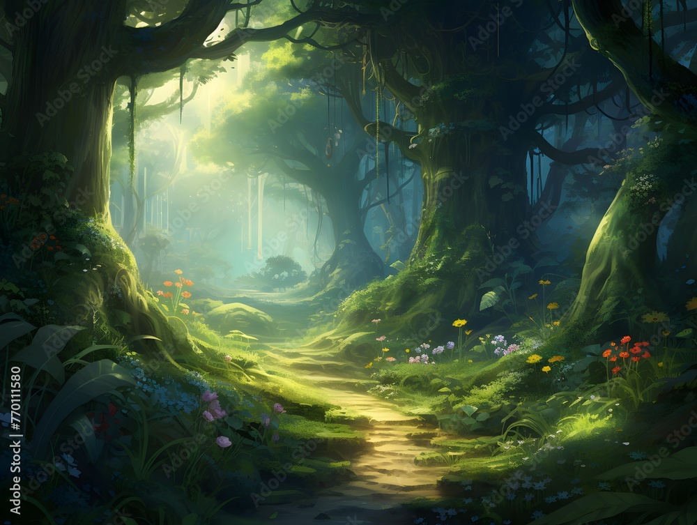 Fantasy forest in the morning. 3D rendering. Computer digital drawing.