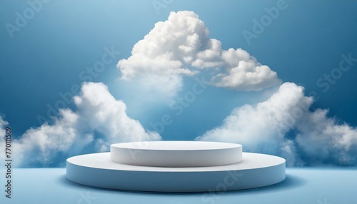 Cloud background podium blue 3d product sky white display platform render abstract stage pastel scene.