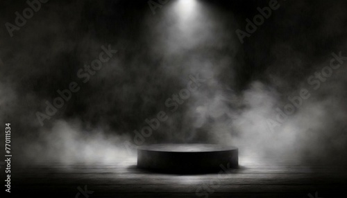 Podium black dark smoke background product platform abstract stage texture fog spotlight. 