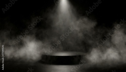 Podium black dark smoke background product platform abstract stage texture fog spotlight.