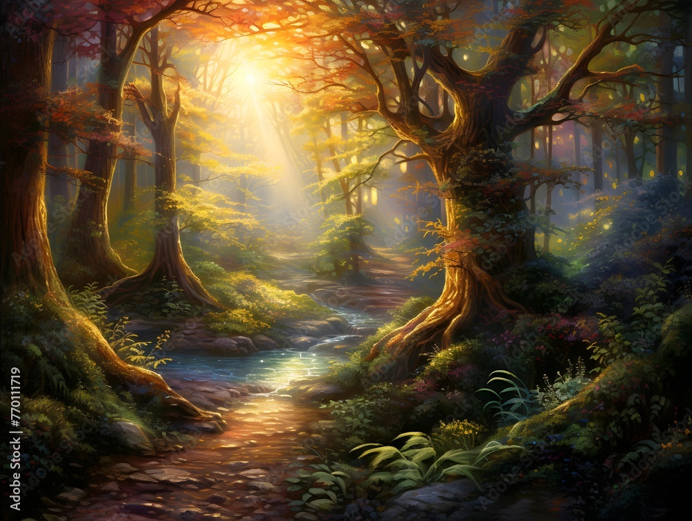 Fantasy forest with a path leading to the sun through the trees