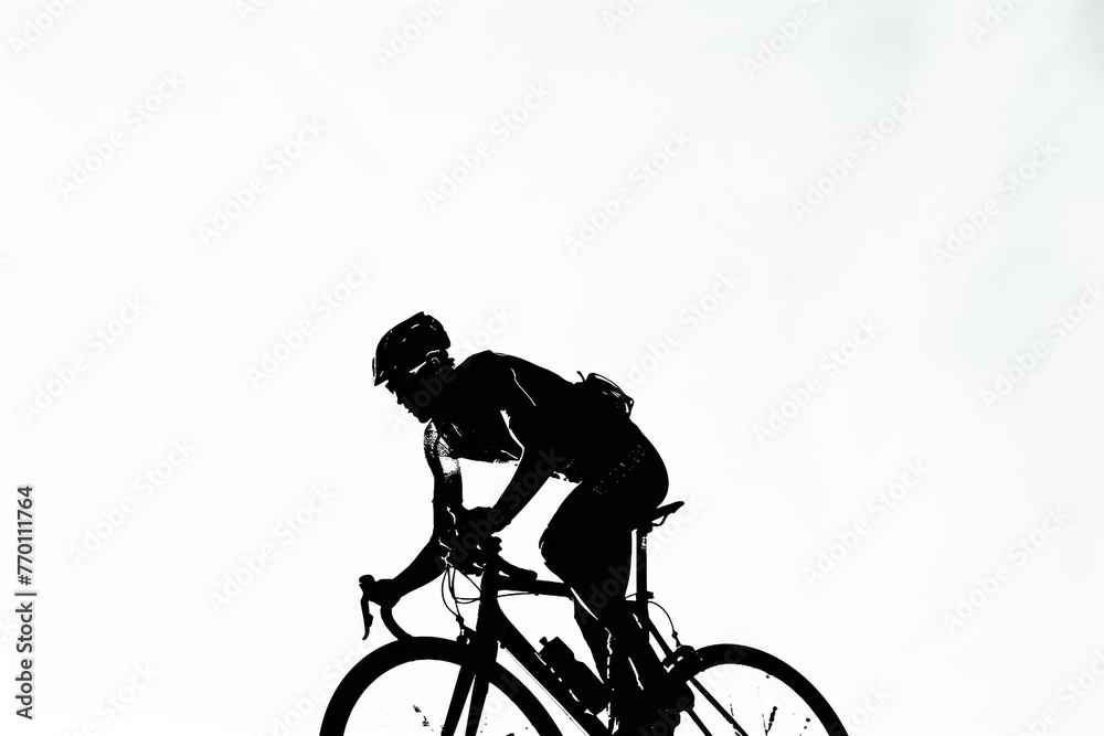 Fototapeta premium Cyclist silhouette cameo, mid-pedal, dynamic positioning, solid white background.
