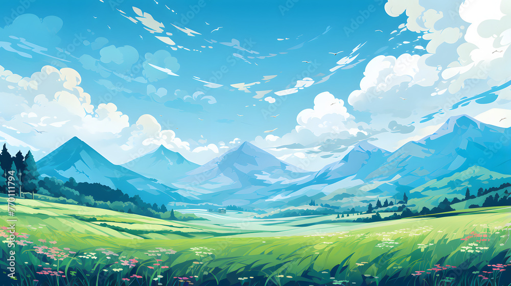 a green grassy field in blue sky with mountains
