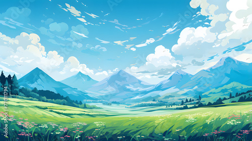 a green grassy field in blue sky with mountains