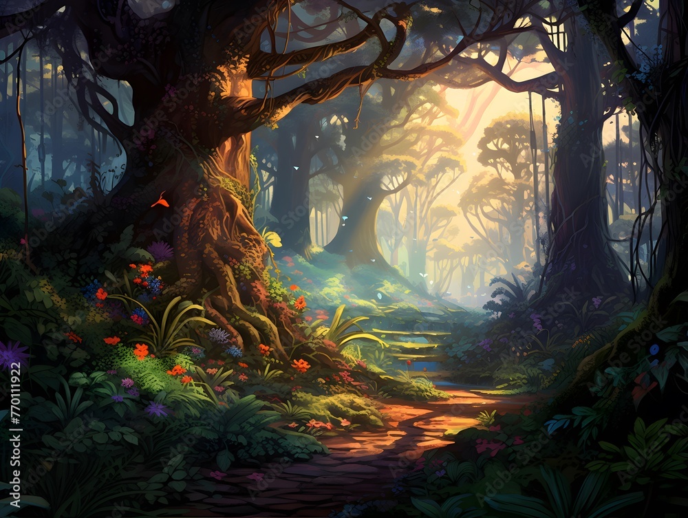 Fantasy landscape with a path in the forest, 3d illustration