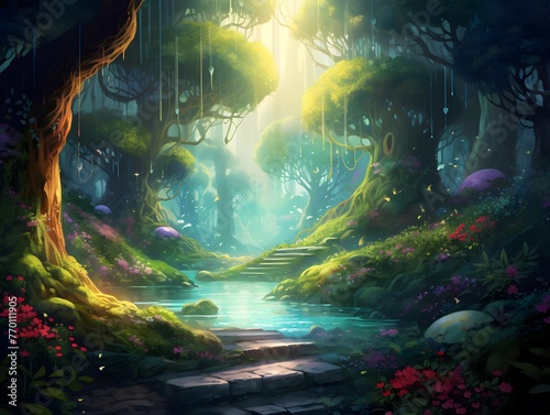 Fantasy fantasy landscape with dark forest and pond, 3d illustration © Iman