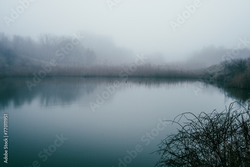 Fog and lake . Frost on lake . Blue morning . Fogy morning . Forest and lake . Trees on the lake . Blue water . Mystery nature . Landscape with fog . Morning at winter . Blue houre 