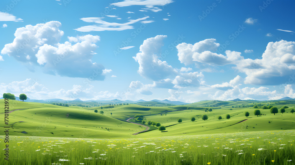 Obraz premium a path through a green field on a beautiful day