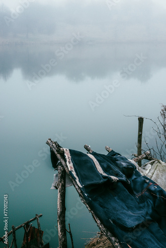 Fog and lake . Frost on lake . Blue morning . Fogy morning . Forest and lake . Trees on the lake . Blue water . Mystery nature . Landscape with fog . Morning at winter . Blue houre  photo