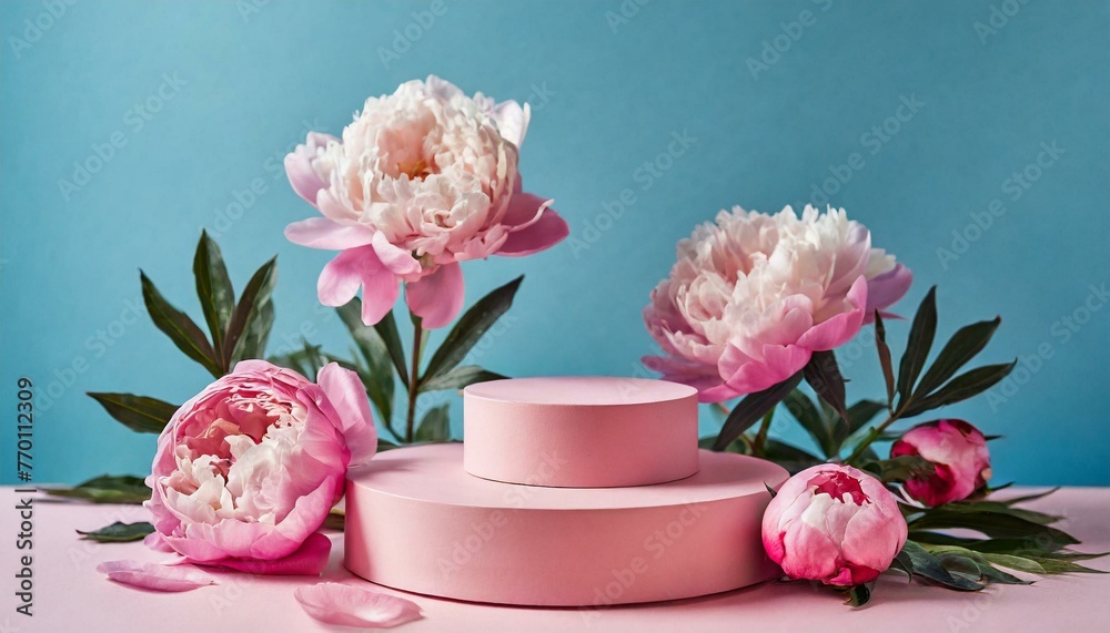 Round pink podium platform stand for beauty product presentation and beautiful peonies flowers around on pink and blue background. 