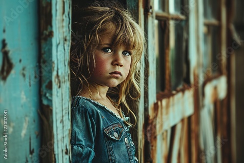 portrait of a little girl in front of an old abandoned building