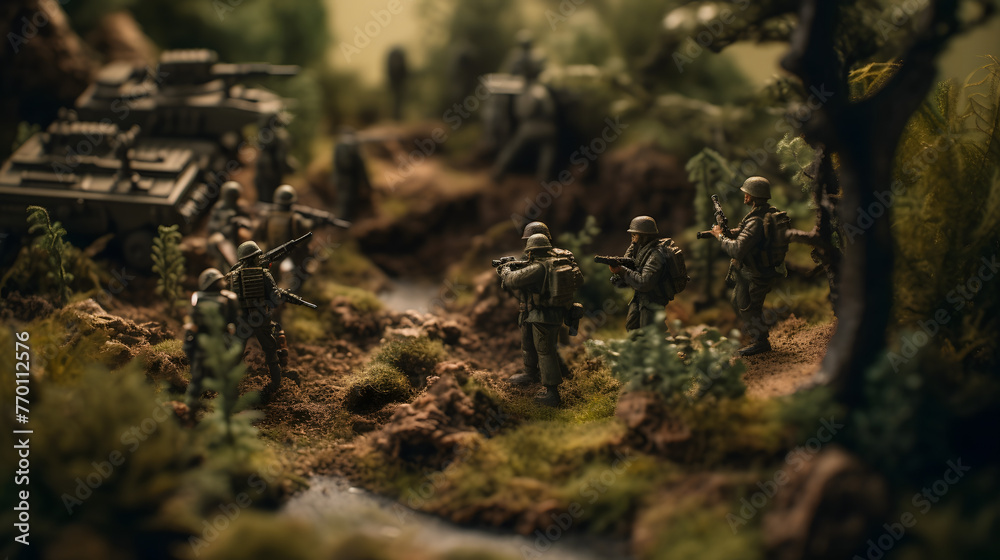 Obraz premium a scene with a bunch of miniature soldiers and greenery