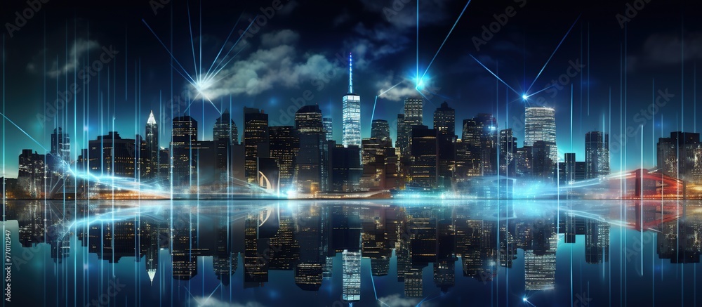blurry network interface arrows over new York skyline cityscape