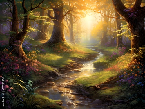 Beautiful fantasy landscape with a river in the forest. Digital painting