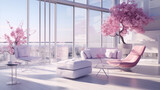 Minimalistic living room interior with pink accents and large windows