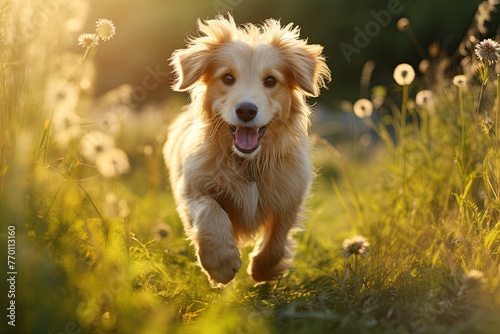 Dog Running Through a Field With Dandelions