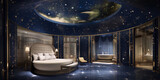 A luxury hotel room with a starry night sky ceiling, featuring a large round bed, marble floors, and a separate bathtub area.