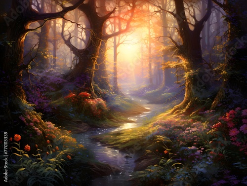 Beautiful fantasy forest with a river at sunset. Digital painting. © Iman